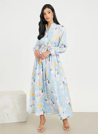 Abstract Print Mandarin Collar Front Button Closure Maxi Dress 