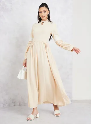 Lace Detail Sleeves High Neck A-Line Maxi Dress 