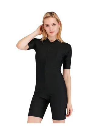 Solid Conservative Zipper Closure One Piece Swimsuit Black 