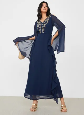 Slit Bell Sleeve Beaded Maxi Dress 