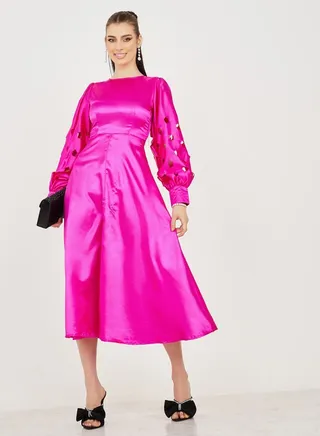Cut-Out Blouson Sleeve Detail A-Line Midi Dress 