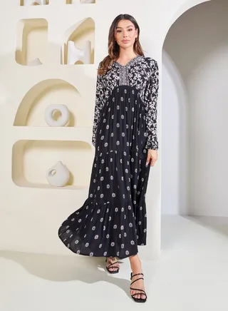 Floral Print V Neck A-Line Maxi Dress 