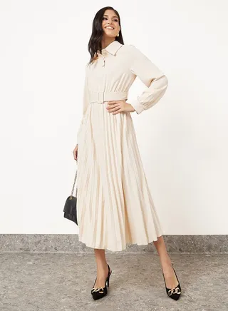 Pleated Hem Belted A-Line Maxi Dress 