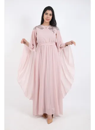Women Maxi Dress with a belt on the waist,Pink 