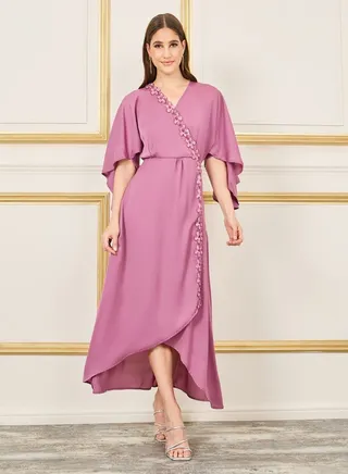 Floral Applique Asymmetric Hem A-Line Maxi Dress 