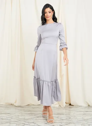 Satin Frill Detail A-line Midi Dress 