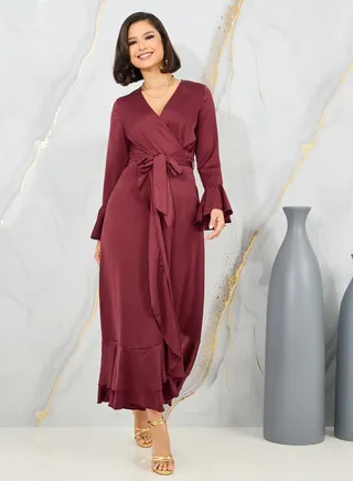 Bell Sleeve Wrap Front Maxi Dress with Tie Belt 