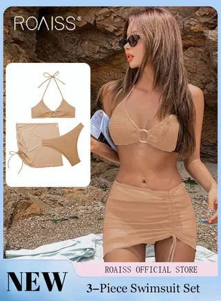 3 Pack Bikini Sets Halter Beachwear Ladies Tankini Swimsuit Hollow Out Beach Skirt Push Up Textured Ring Linked for Swimwear 