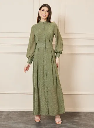 Dobby Textured Mandarin Collar Shirt Maxi Dress 