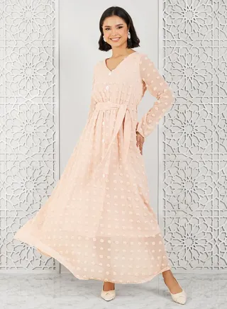 Swiss Dobby Button Detail A-Line Maxi Dress with Self Tie Up 