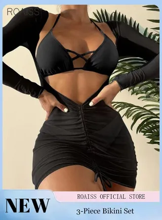 3 Piece Tankini Bikini Set Women'S Beach Swimsuit Set With Adjustable Bra And High Waist Swim Bottoms And Sun Protective Cover Up 