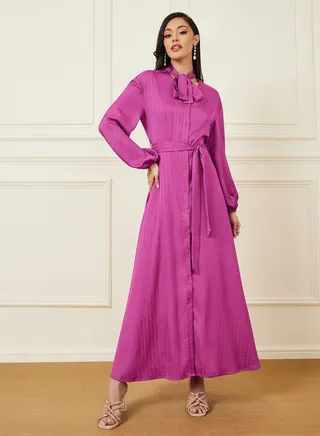 Satin Houndstooth Pattern Tie-Up Neck Maxi Dress 