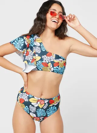 Tropical One-Shouldered Bikini Set 