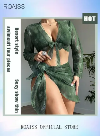 Women 4pcs Tie Dye Halter Triangle Bikini Swimsuit Cover Up Top with Skirt Set Mesh Dress Swimwear Ladies Beachwear Bathing Suit for Summer Green 