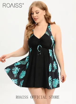 2 Piece Plus Size Swimsuit for Women Conservative Split Bikini Suits Involves High Waisted Tankini Dress Top with Bra Pad and Boxer Briefs 