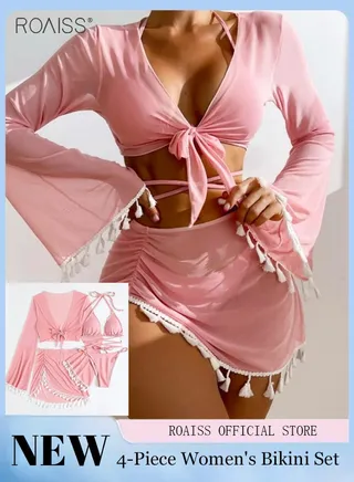 4-Piece Women's Bikini Swimsuit Chiffon Tassel Sun Protection Shirt Split Short Skirt Fine Strap Buckle Design Bra Bikini 