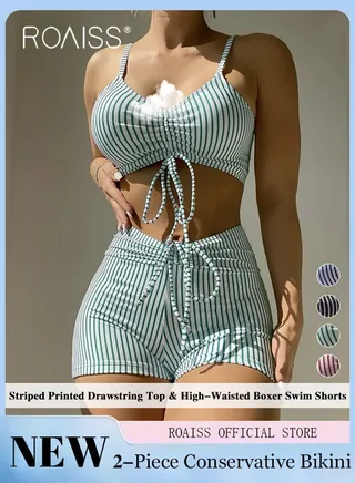 Women 2 Piece Swimsuit Sports Bra Top & Shorts Striped Age Reducing Drawstring Design Quick Drying Fabric Moisture Wicking and Breathable Provides Coverage and Modesty without being Revealing 