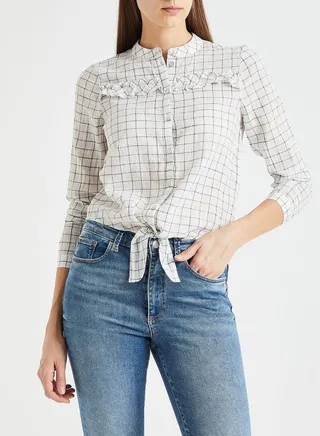 Box Printed Front Tie Blouse White 