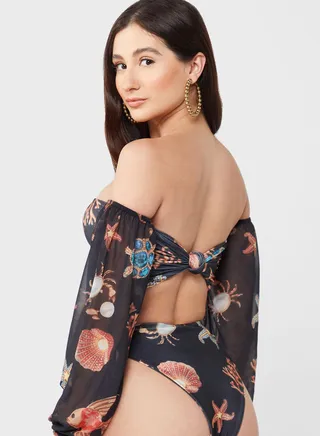 Printed Mesh Detail Bandeau Bikini