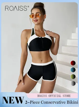 Women 2 Piece Swimsuit Color Blocked Zippered Sports Bra Top & Tight Shorts Quick Drying Fabric Moisture Wicking and Breathable Versatile Design Provides Coverage and Modesty without being Revealing 