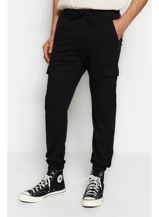 Black Men's Regular/Normal Cut Cargo Pocket Elastic Leg Sweatpants 