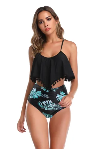 Tropical Print High Waist Flouncy Swimwear Set Multicolour 