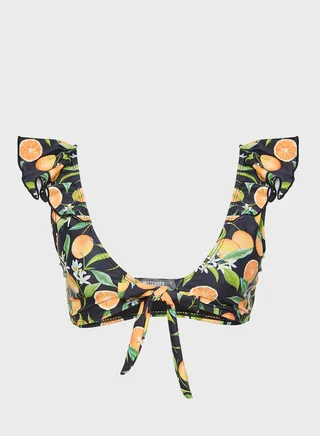 Orange Print Frill Tie Front Bikini Top 