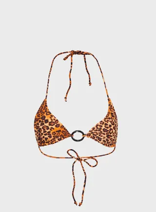 Triangle Bikini Top with Ring Trim in Leopard Print 