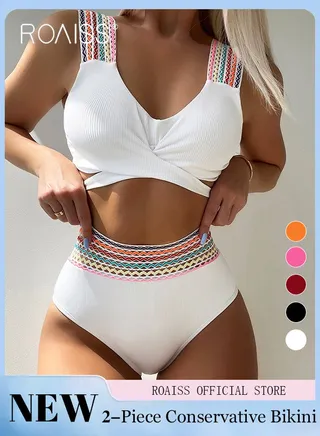 Women 2 Piece Swimsuit Color Blocked Design with Woven Elements Sports Bra Top & Shorts Quick Drying Fabric Moisture Wicking and Breathable Provides Coverage and Modesty without being Revealing 