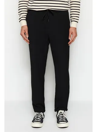 Black Men's Elastic Waist Slim Fit Trousers 
