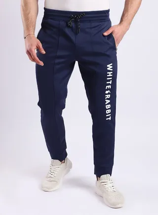 Thigh To Knee Printed "Whte Rabbit" Sweatpants - Navy Blue 