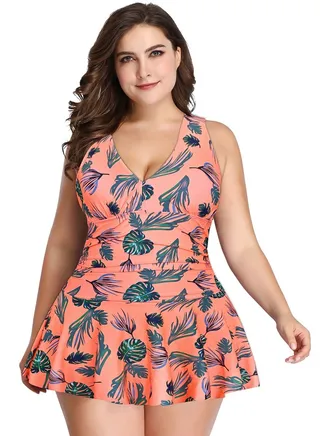 Orange Flower Pattern Skirt Style Split Bikini Big Size Swimsuit Female 