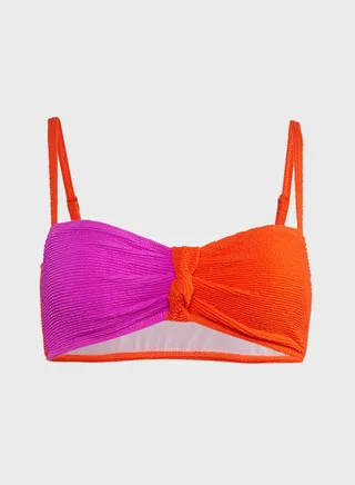 Textured Colourblock Knot Front Bikini Top 