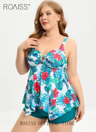 2 Piece Plus Size Swimsuit for Women Conservative Split Bikini Suits Involves High Waisted Tankini Dress Top with Bra Pad and Boxer Briefs 