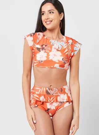Printed Ruffle Detail Bikini Set 