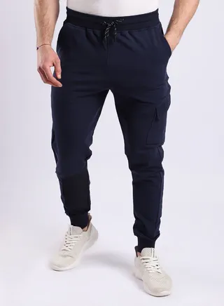 Elastic Ankle Left Knee Pocket Navy Blue Jogger 