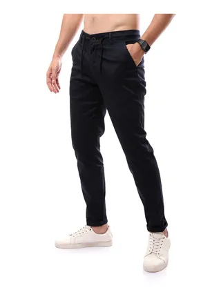 Solid Fly Zipper Buttoned Trousers_Navy Blue 