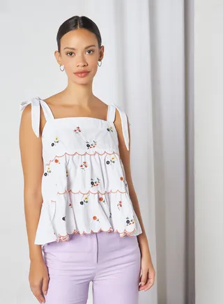 Floral Embroidered Strap Top White 