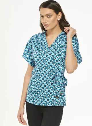 Printed Surplice Neck Wrap Top 
