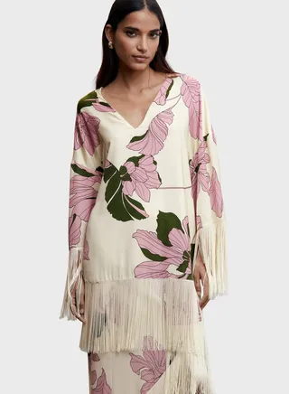 V-Neck Fringe Hem Floral Top 