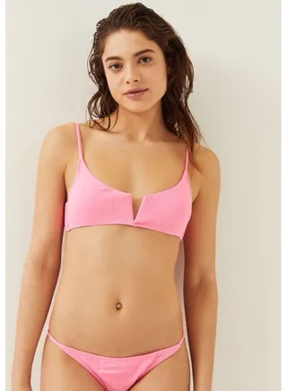 Elegant Polyester Blend Ribbed Plain Swimsuit Top Pink 