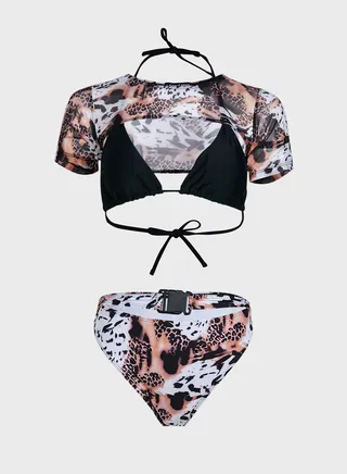 Black Leopard Print Bikini Set And Mesh Top 