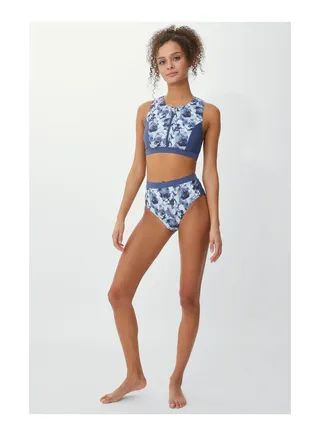 Fold Over Marble Print Active Bikini Pant 