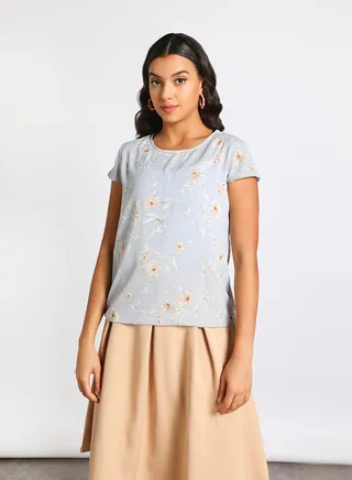 Women's Casual Floral Printed Sheer Cap Sleeves Top Blue/Beige 