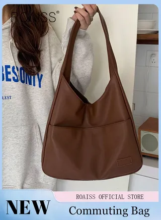 Women's Large Capacity Commuter Bag Tote Bag Simple Solid Color PU Material 