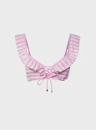 Tie Front Ruffle Trim Striped Bikini Top 
