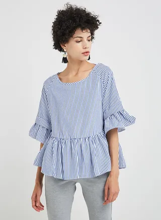 Striped Criss Cross Ruffle Top Blue 