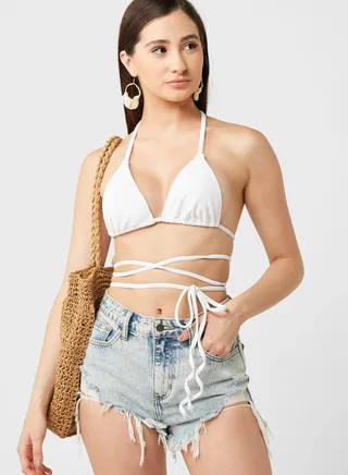 Textured Ring Detail Asymmetric Bikini Top 