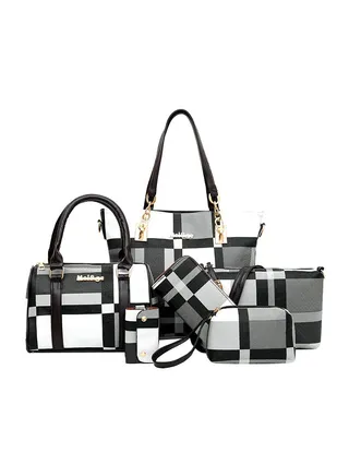 6-Piece Lattice Texture Handbag Set Black/White/Grey 