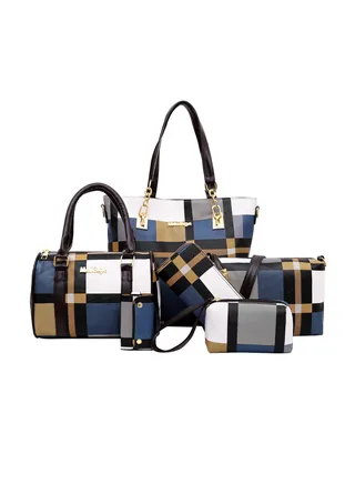 6-Piece Lattice Texture Handbag Set Blue/Black/White 